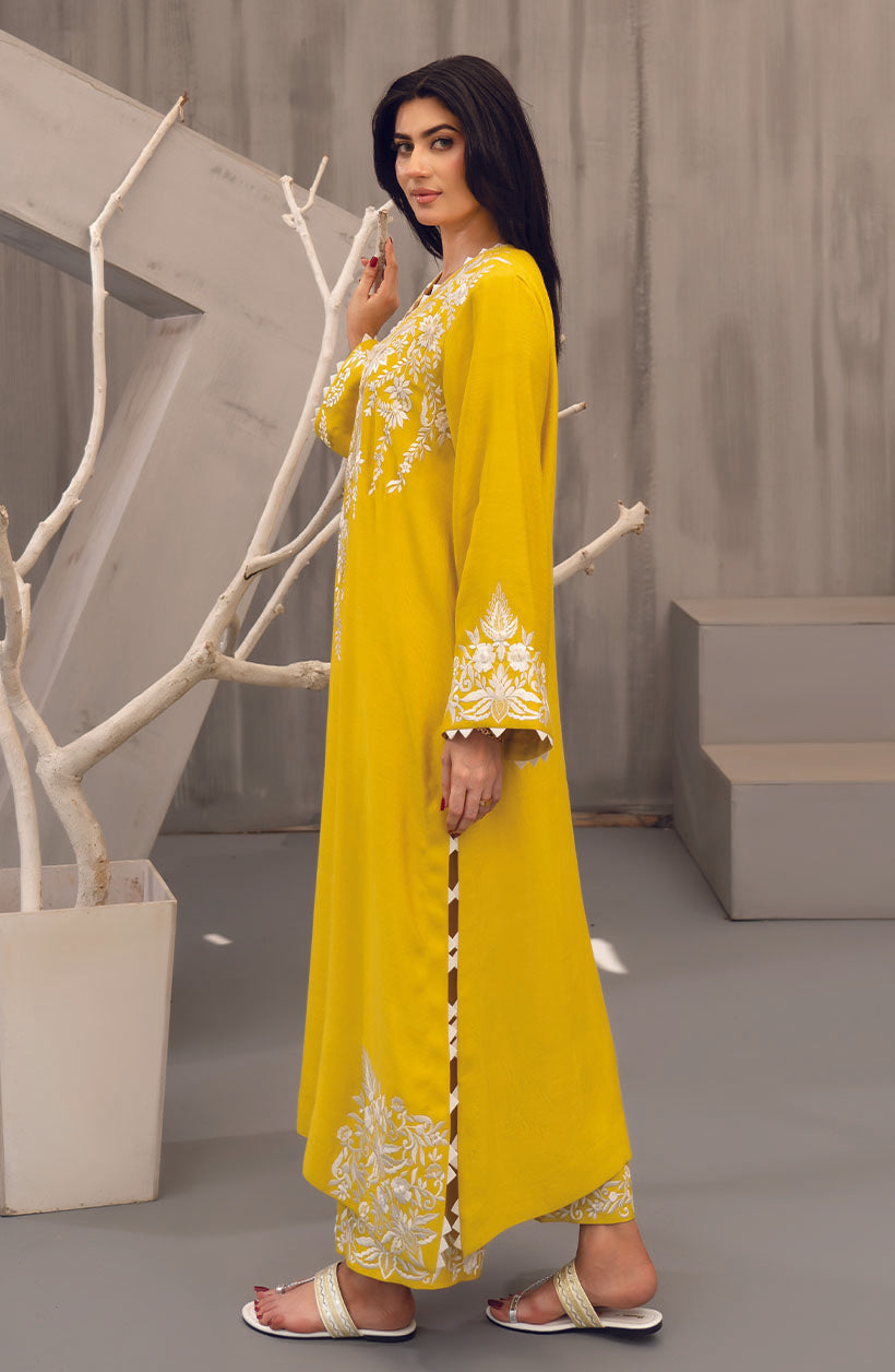 Long Raya Mustard Yellow Khaadi Silk Kurta Set