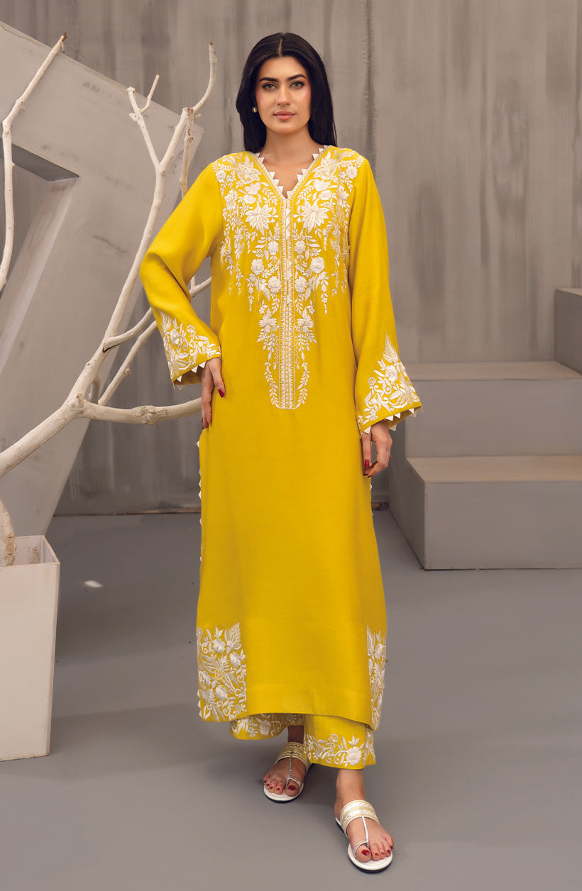Long Raya Mustard Yellow Khaadi Silk Kurta Set