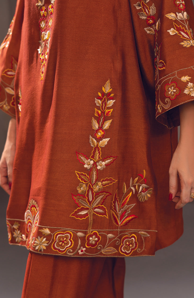 Zee Top Burnt Orange Khaadi Silk Kurta Set