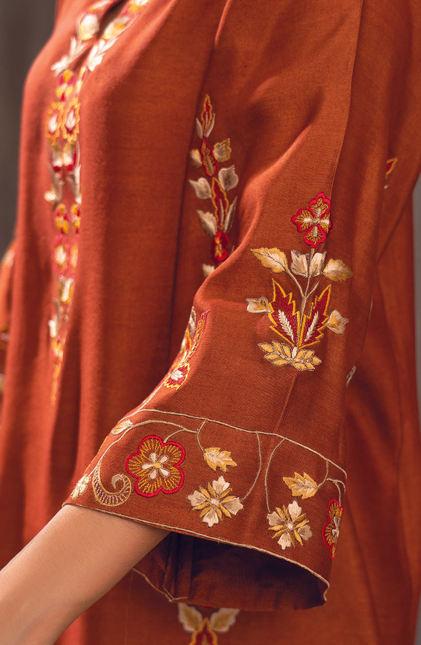 Zee Top Burnt Orange Khaadi Silk Kurta Set