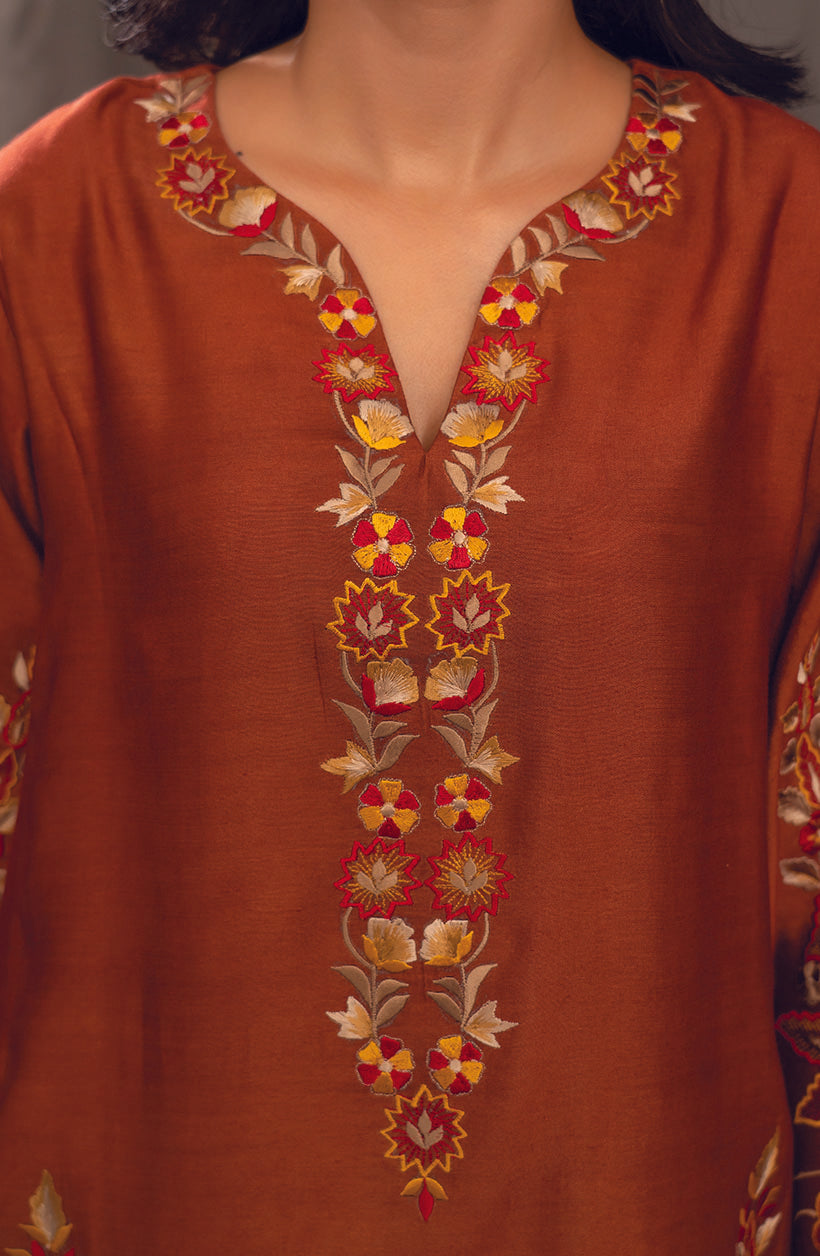 Zee Top Burnt Orange Khaadi Silk Kurta Set