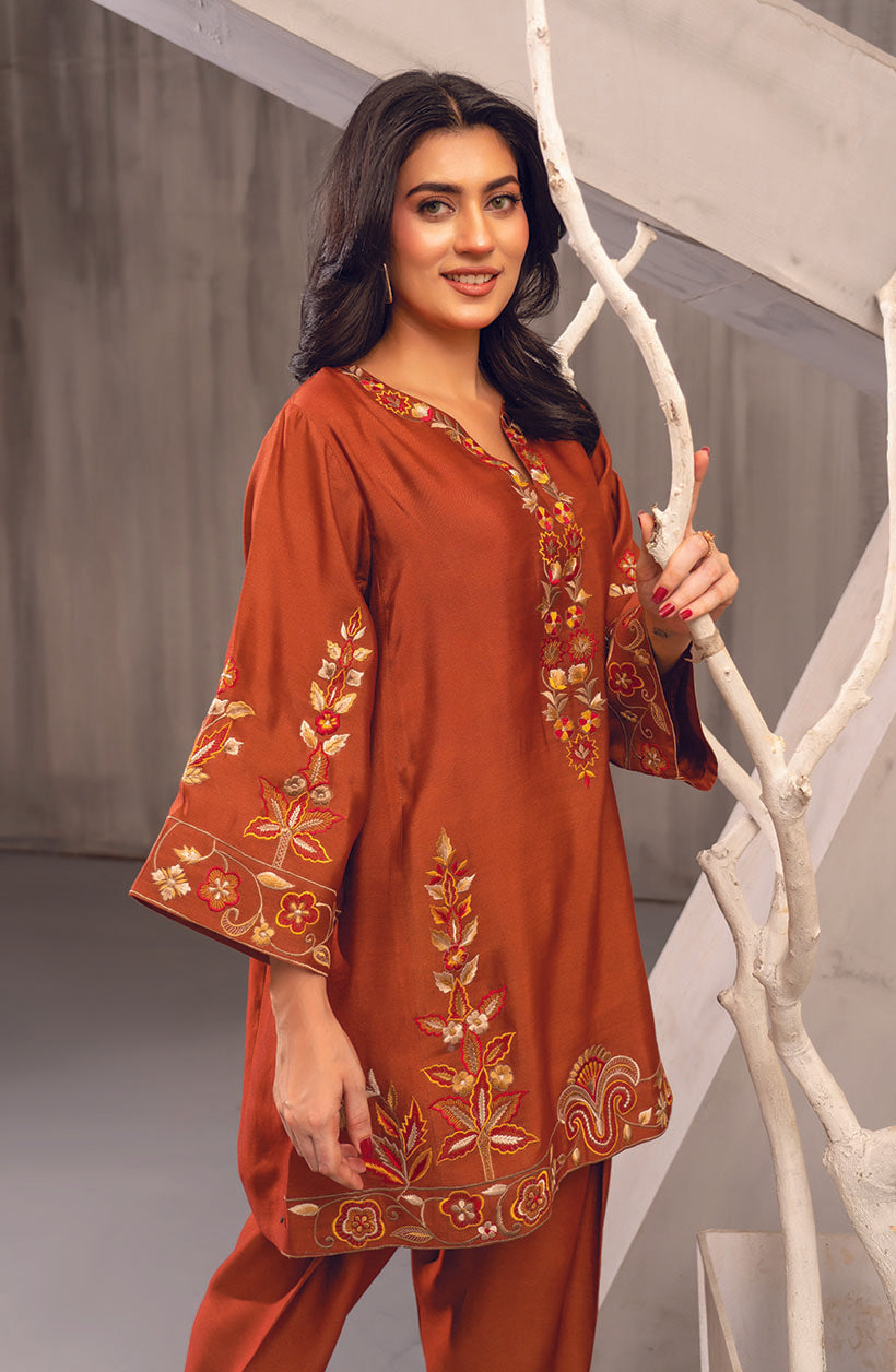 Zee Top Burnt Orange Khaadi Silk Kurta Set