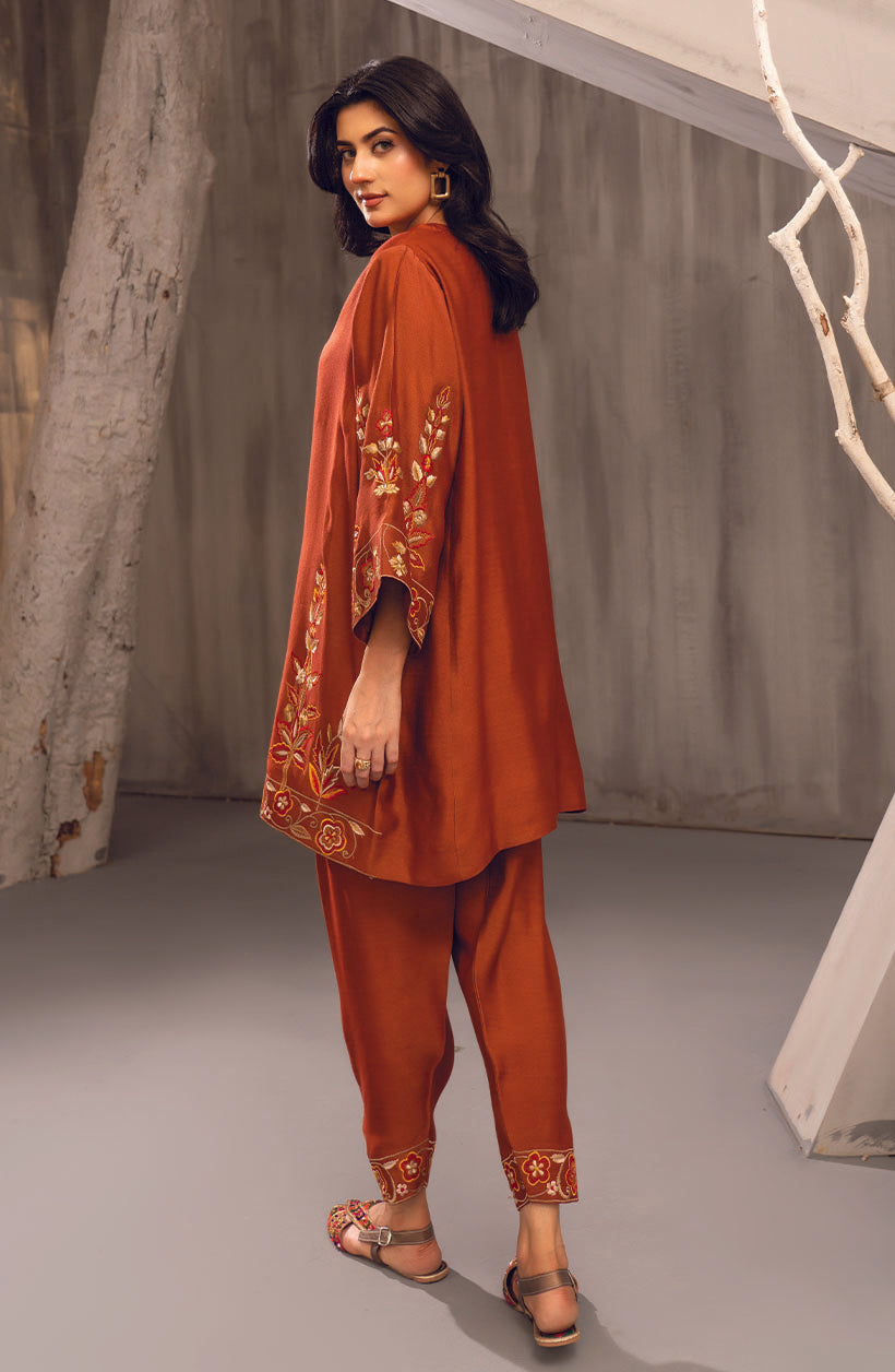 Zee Top Burnt Orange Khaadi Silk Kurta Set