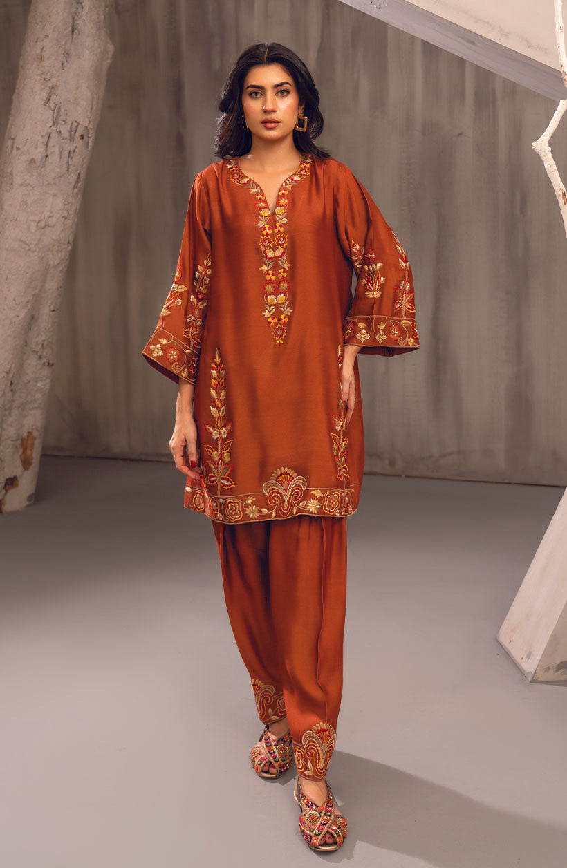 Zee Top Burnt Orange Khaadi Silk Kurta Set