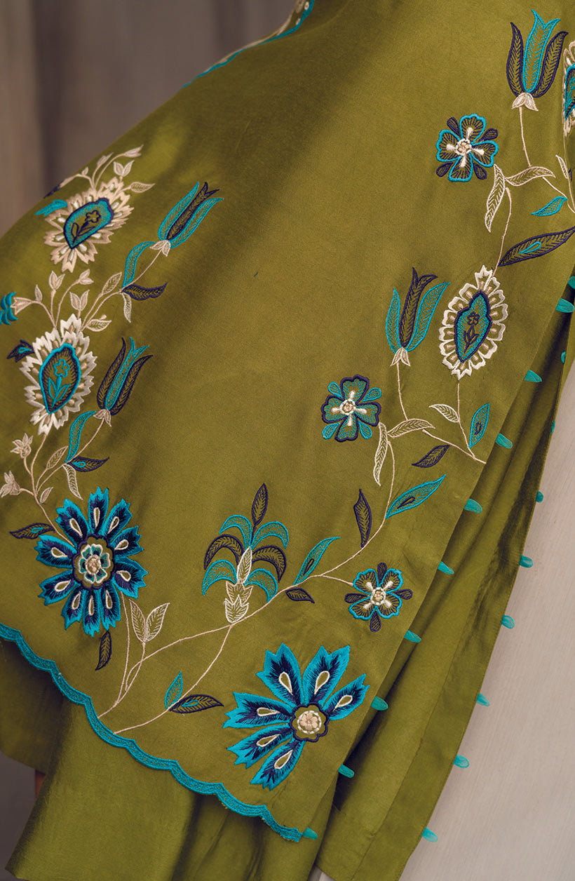 Raya Olive Green Khaadi Silk Kurta Set