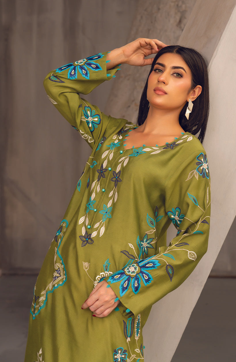 Raya Olive Green Khaadi Silk Kurta Set