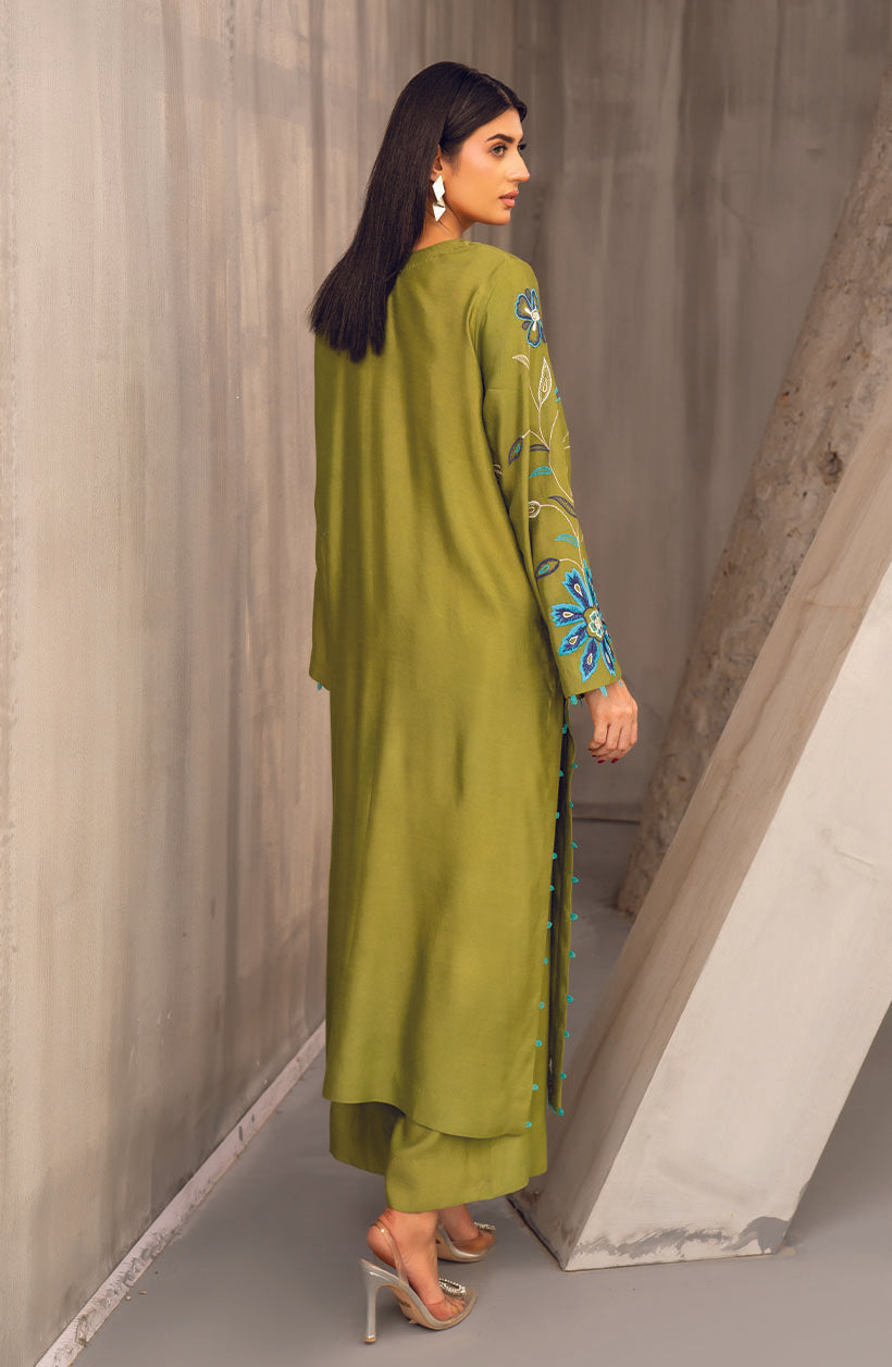 Raya Olive Green Khaadi Silk Kurta Set
