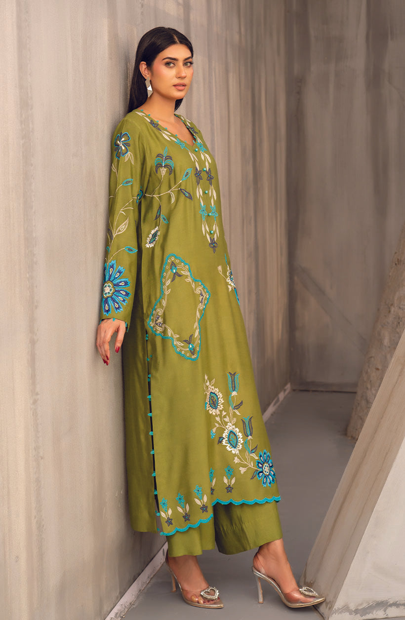 Raya Olive Green Khaadi Silk Kurta Set