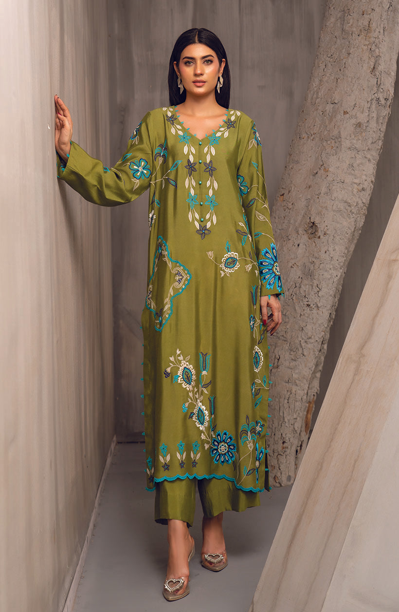 Raya Olive Green Khaadi Silk Kurta Set