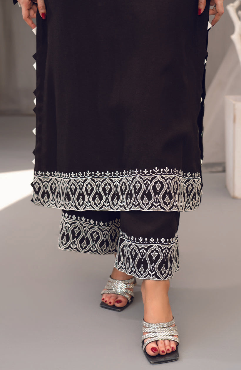 Raya Black Khaadi Silk & Cora Cotton Kurta Set
