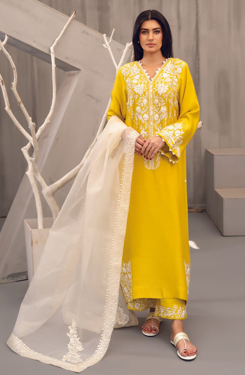 Long Raya Mustard Yellow Khaadi Silk Kurta Set