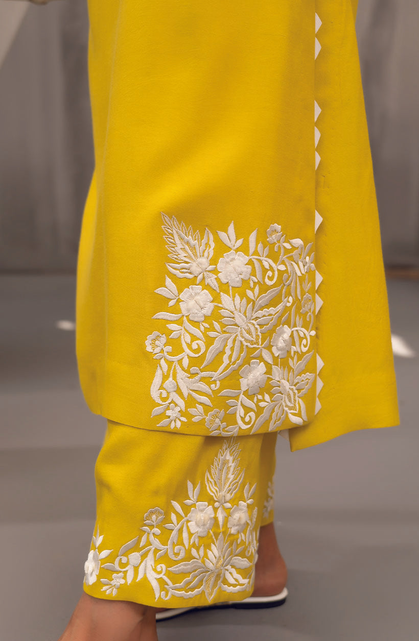 Long Raya Mustard Yellow Khaadi Silk Kurta Set
