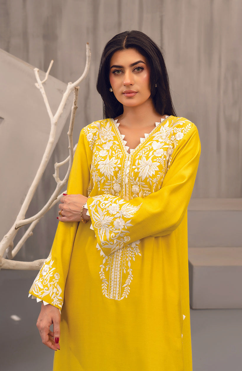 Long Raya Mustard Yellow Khaadi Silk Kurta Set