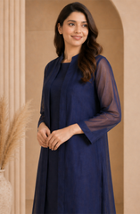 Navy Blue Chiffon Gown 3 Piece-Suit