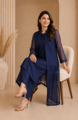 Navy Blue Chiffon Gown 3 Piece-Suit