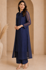 Navy Blue Chiffon Gown 3 Piece-Suit