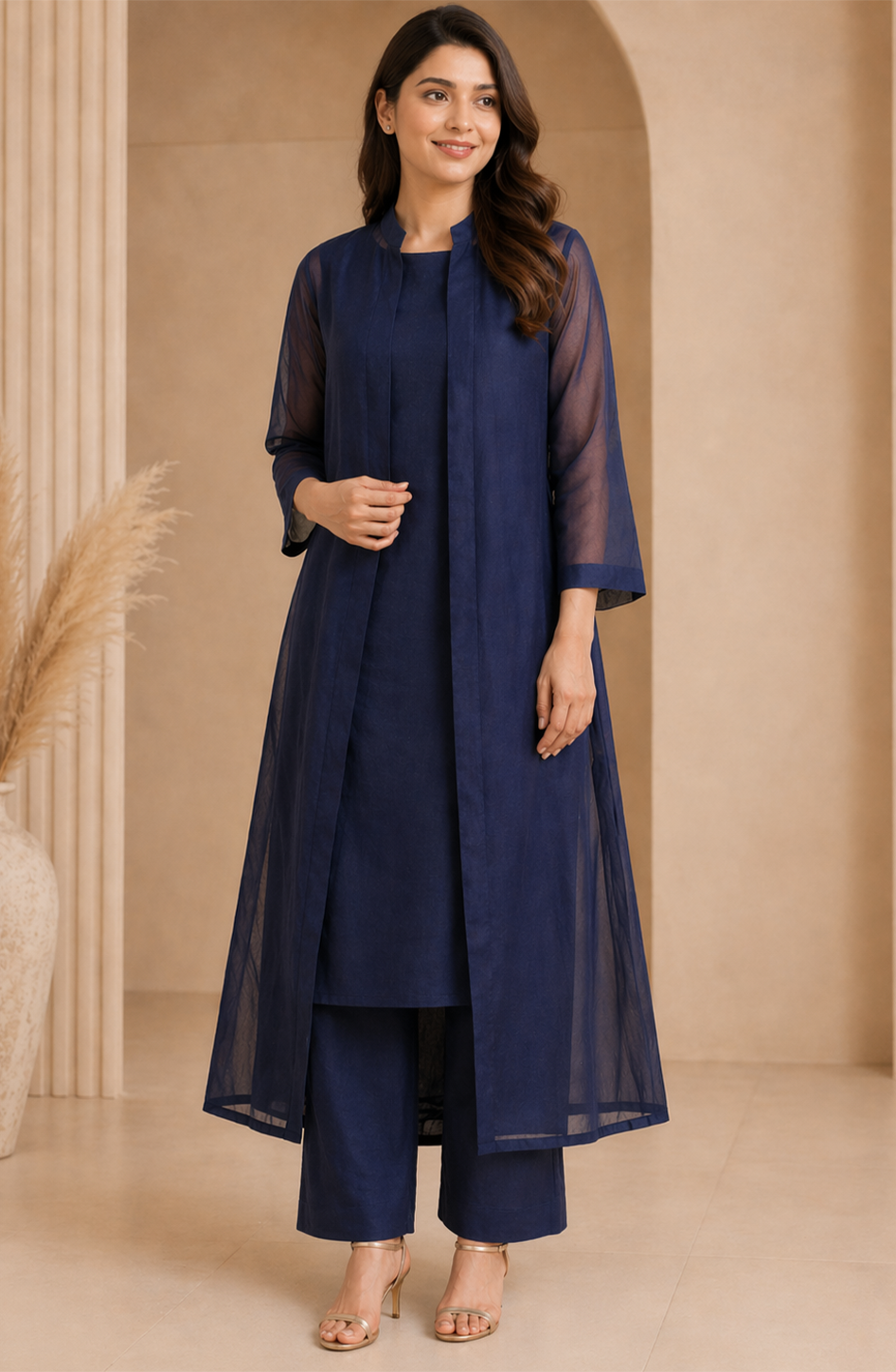 Navy Blue Chiffon Gown 3 Piece-Suit