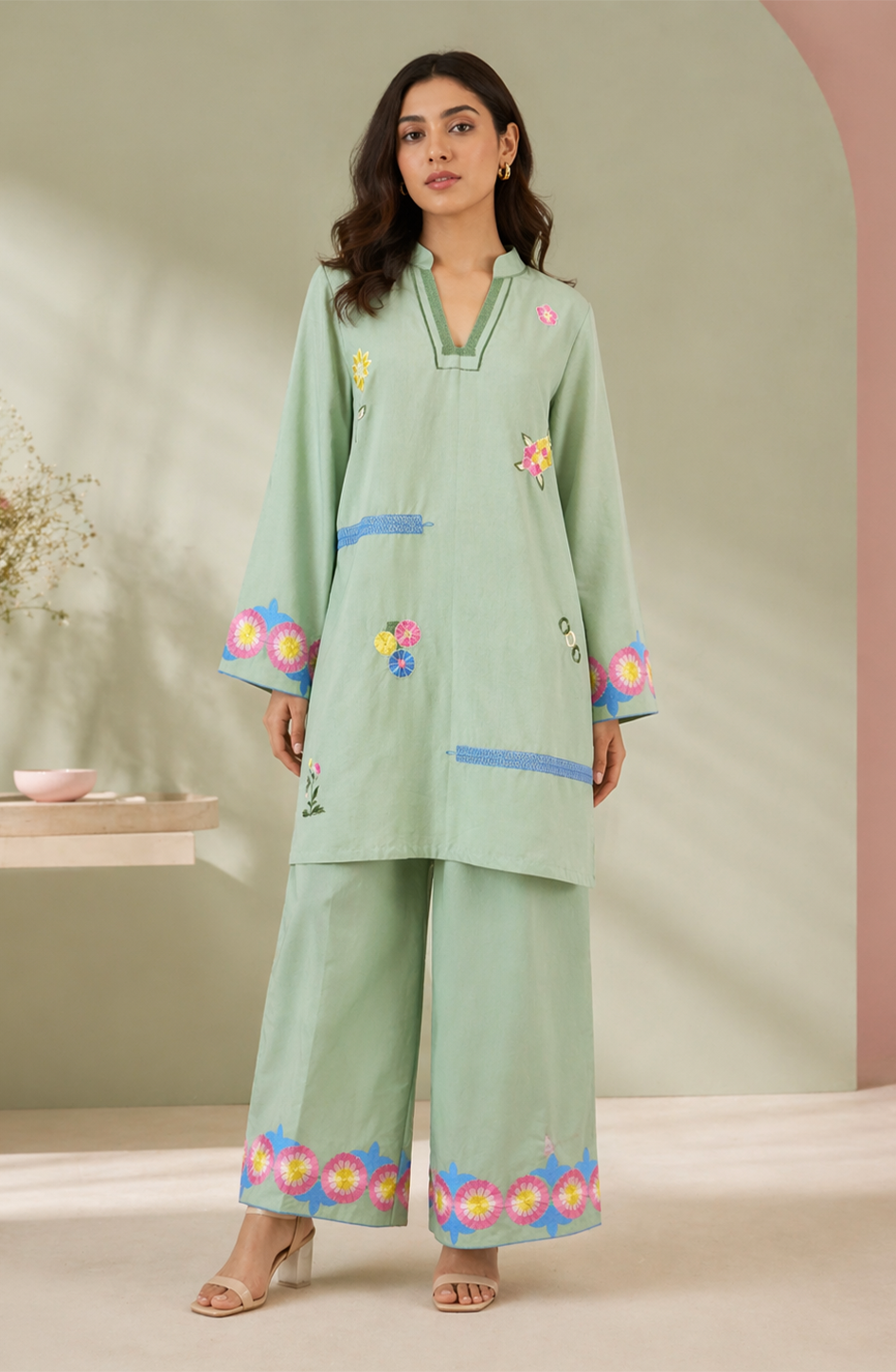 Embroidered Sea Green 2-PieceSuit