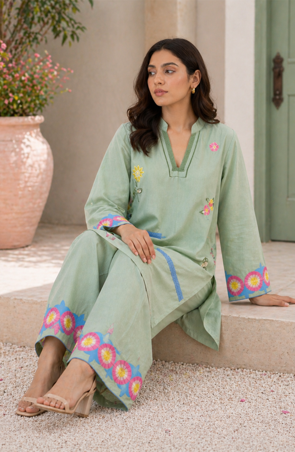 Embroidered Sea Green 2-PieceSuit