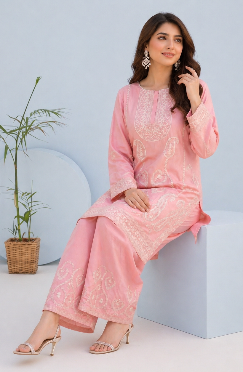 Rose Pink Embroidered 2 Piece Suit