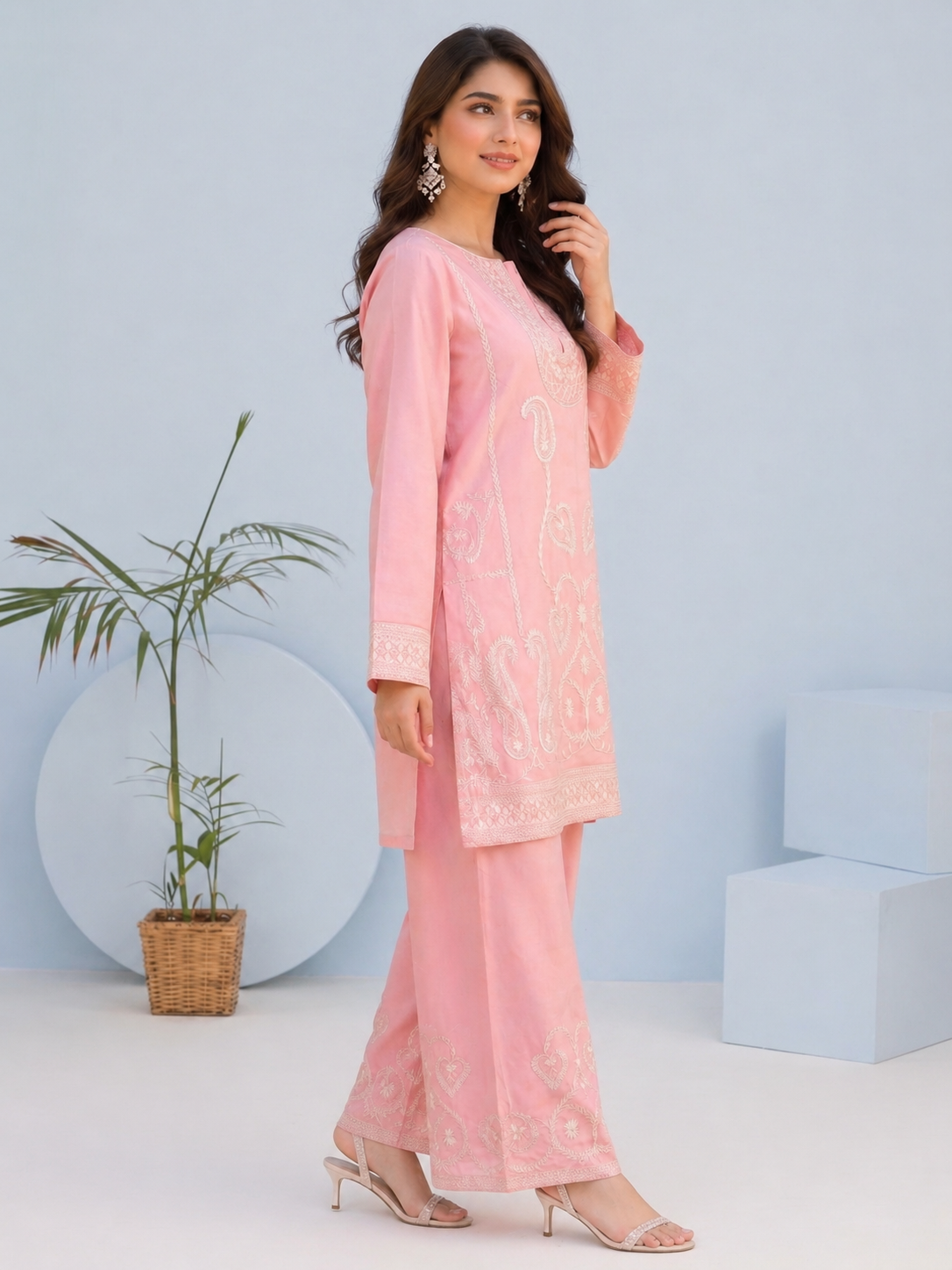 Rose Pink Embroidered 2 Piece Suit