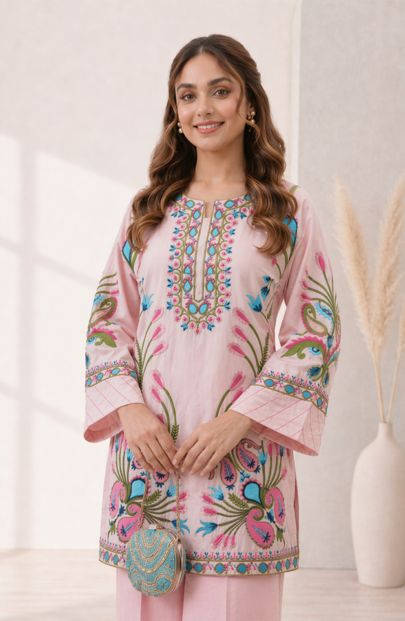 Baby Pink Embroidered Khaddi Silk 2-Piece Suit
