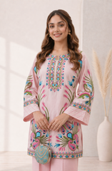 Baby Pink Embroidered Khaddi Silk 2-Piece Suit