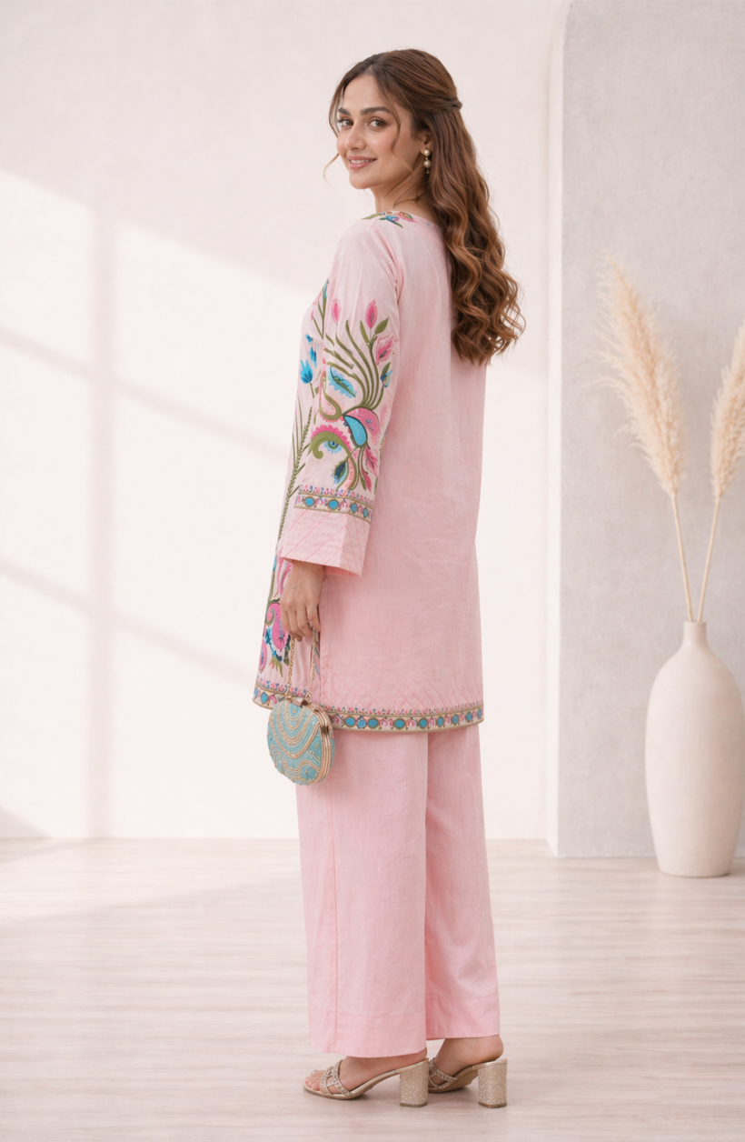 Baby Pink Embroidered Khaddi Silk 2-Piece Suit