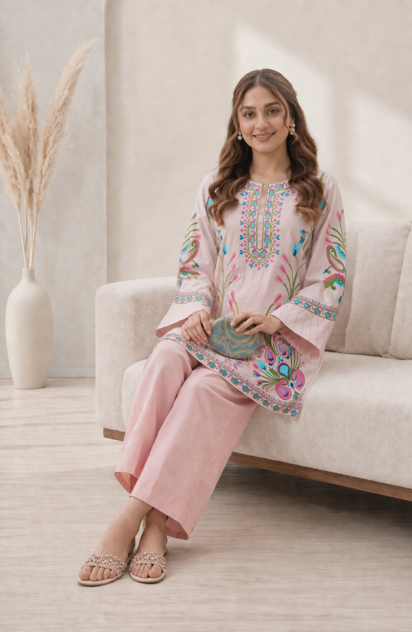 Baby Pink Embroidered Khaddi Silk 2-Piece Suit